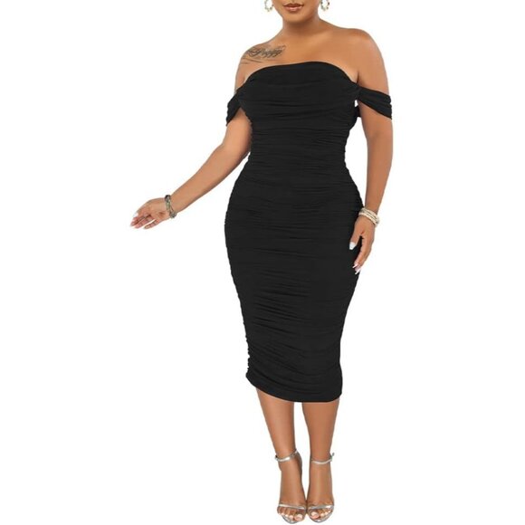 Women Ruched Off Shoulder Bodycon Midi Dress Elegant Party Slip On - Picture 3 of 4